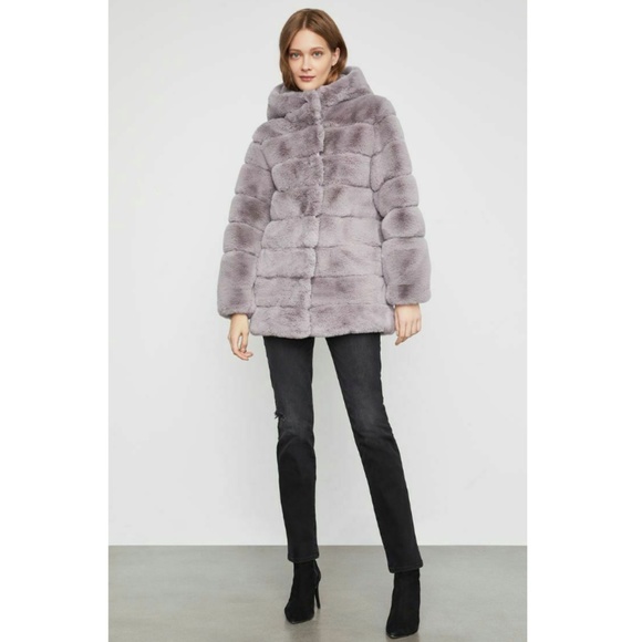 BCBG Maxazria Felicia Faux Fur Hooded Coat SUPER SOFT Shiny Lilac Color NEW - Picture 5 of 7